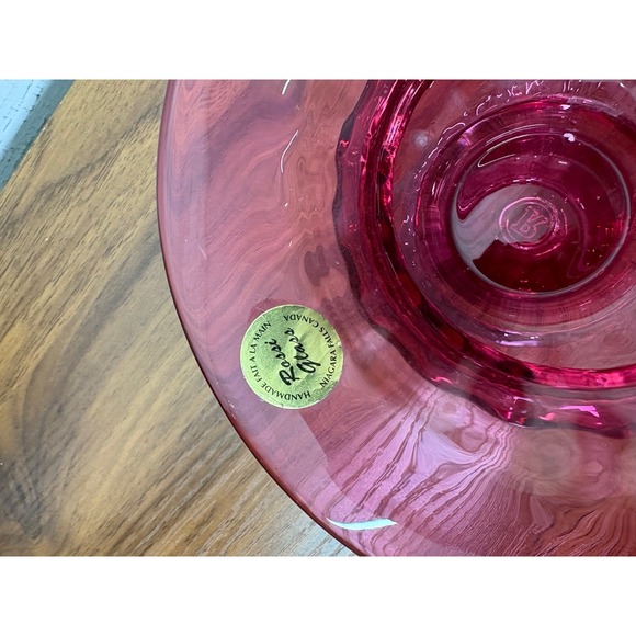 Rossi Glass Cranberry Glass Relish Bowl Etched SIGNED shallow wide-mouthed - Picture 4 of 9